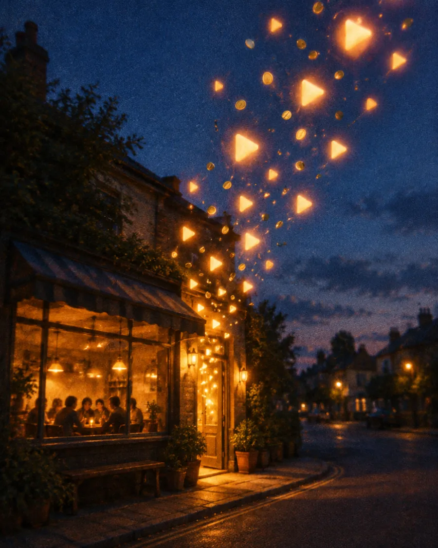 A neighbourhood cafe at dusk, warm light spilling onto the street and glowing lanterns floating above it