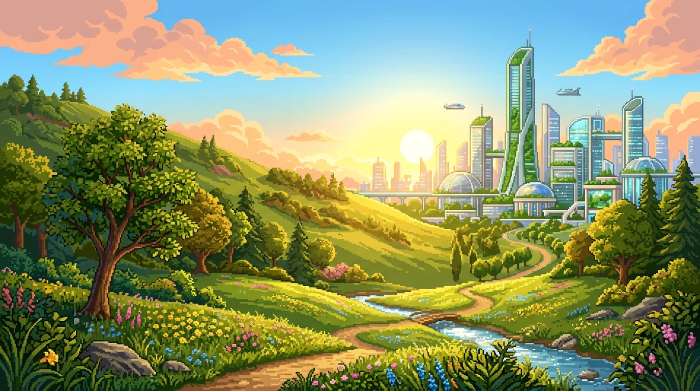 A pixel-art world at golden hour