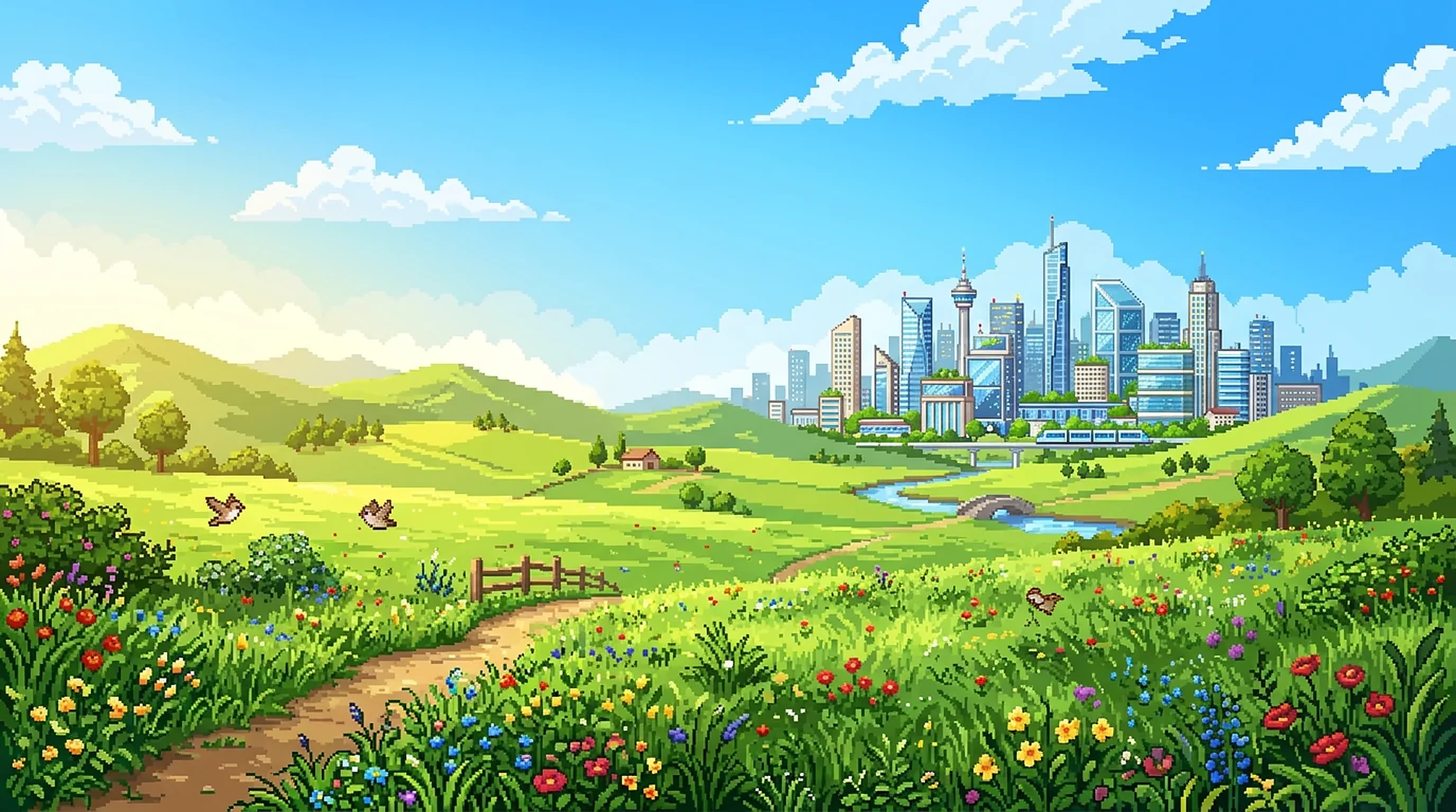 A bright pixel-art world: green hills, wildflowers, a winding river and a distant city