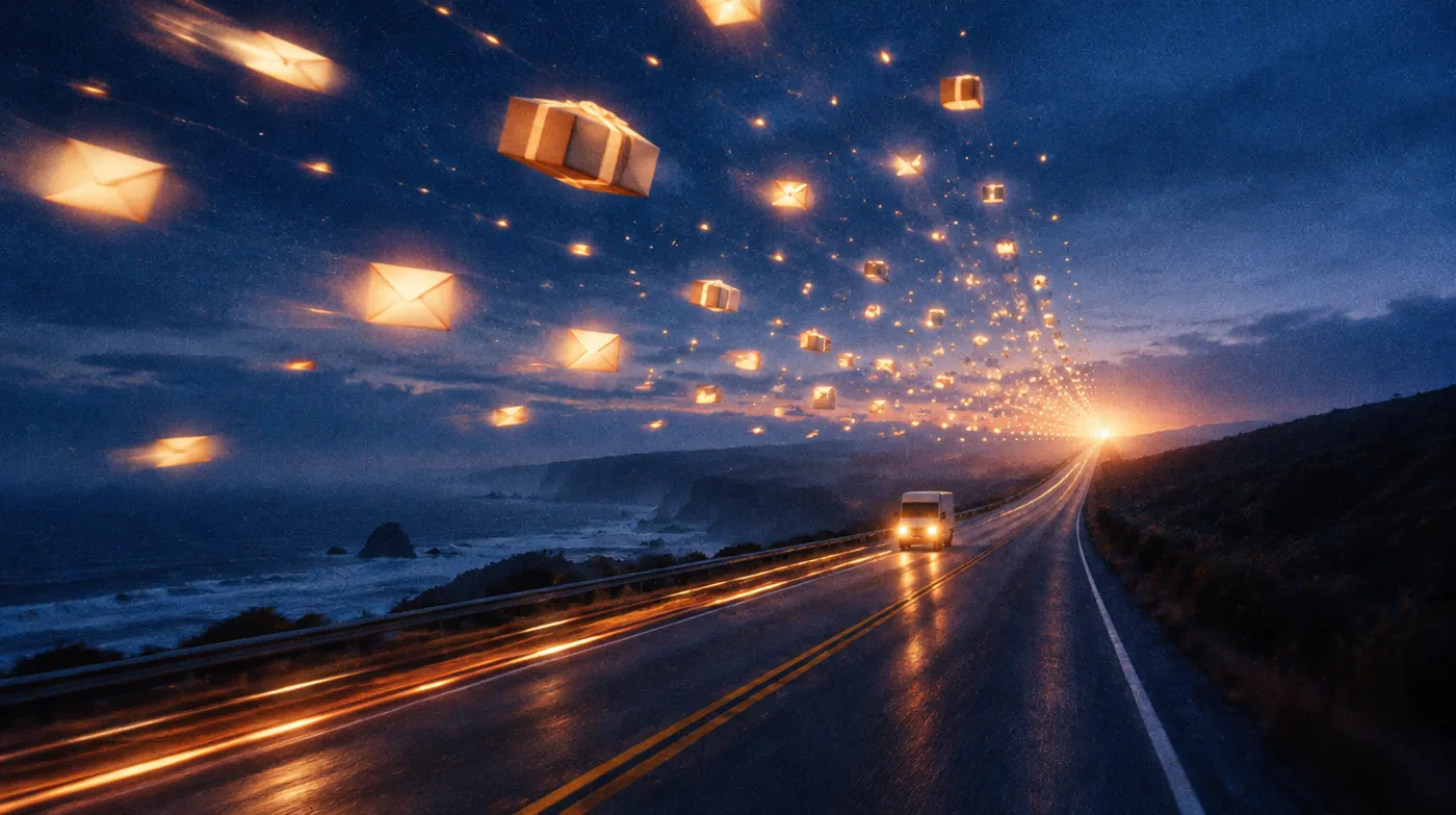 Glowing parcels floating above a coastal road at dusk