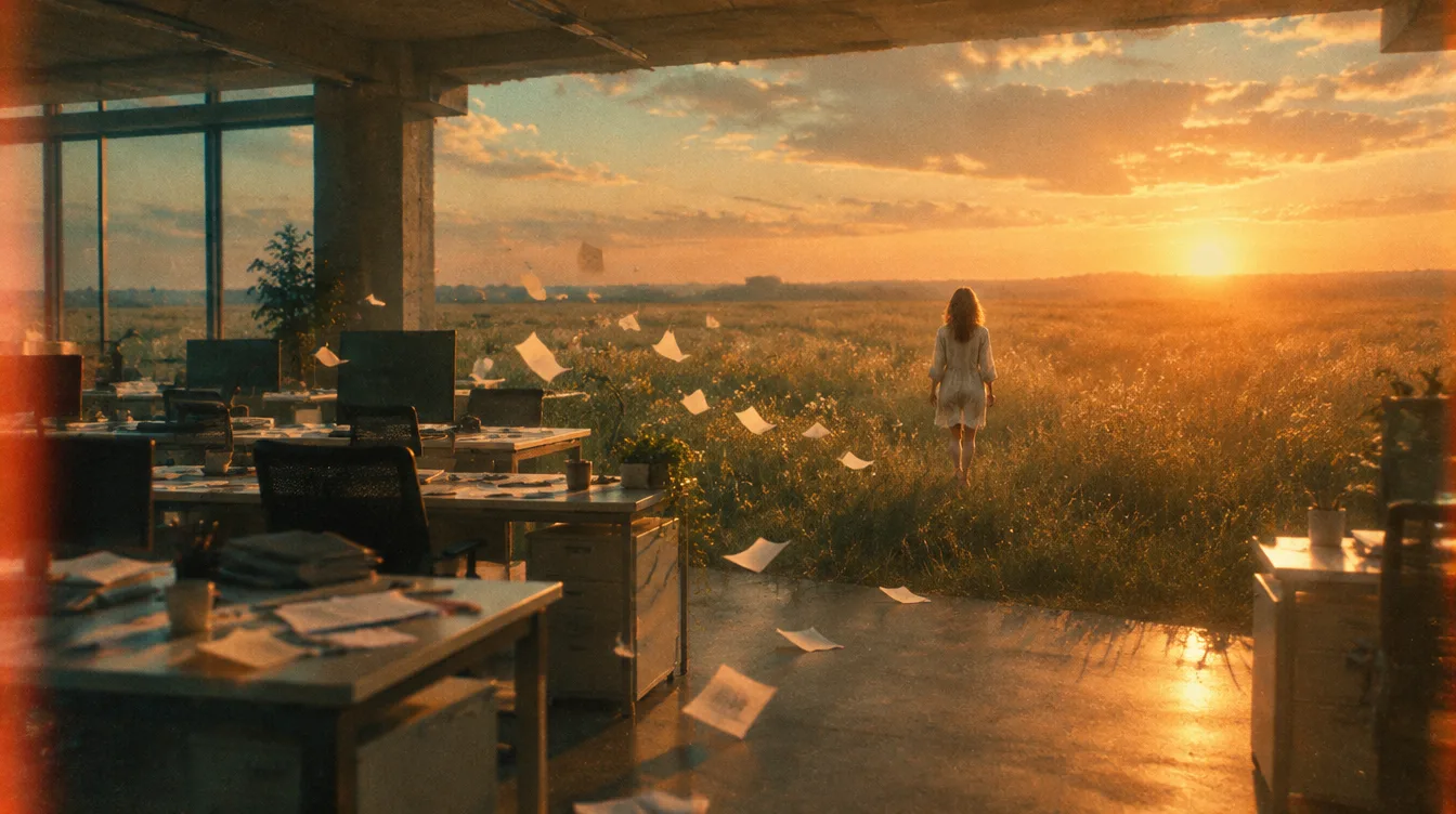 An office opening onto a meadow at sunset