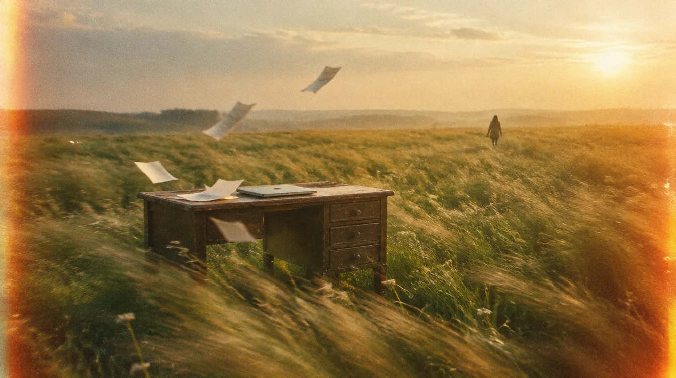 A wooden desk with papers standing in a golden field