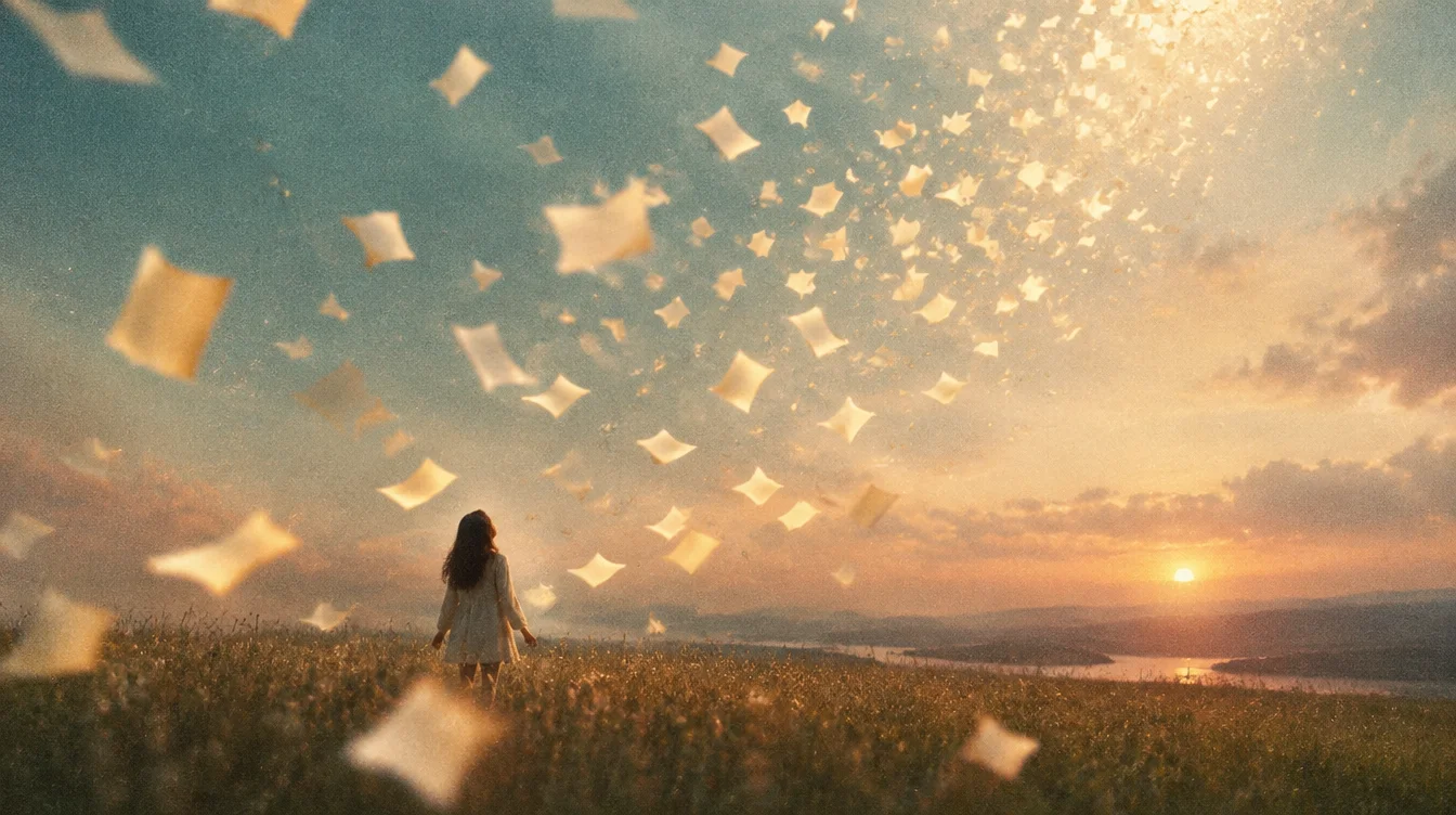 Sheets of paper drifting over a meadow at sunset