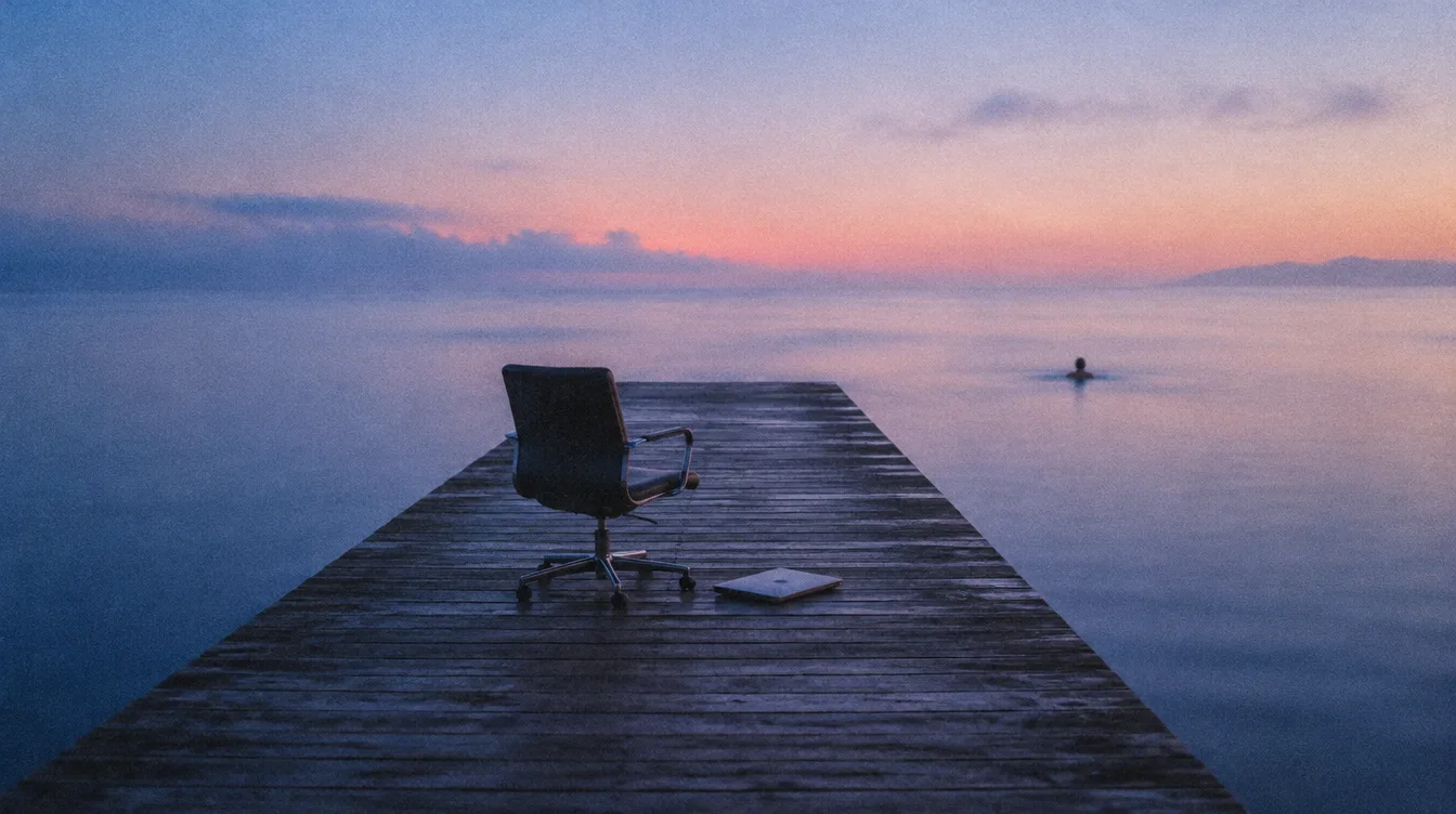A long pier running out over calm water at dawn