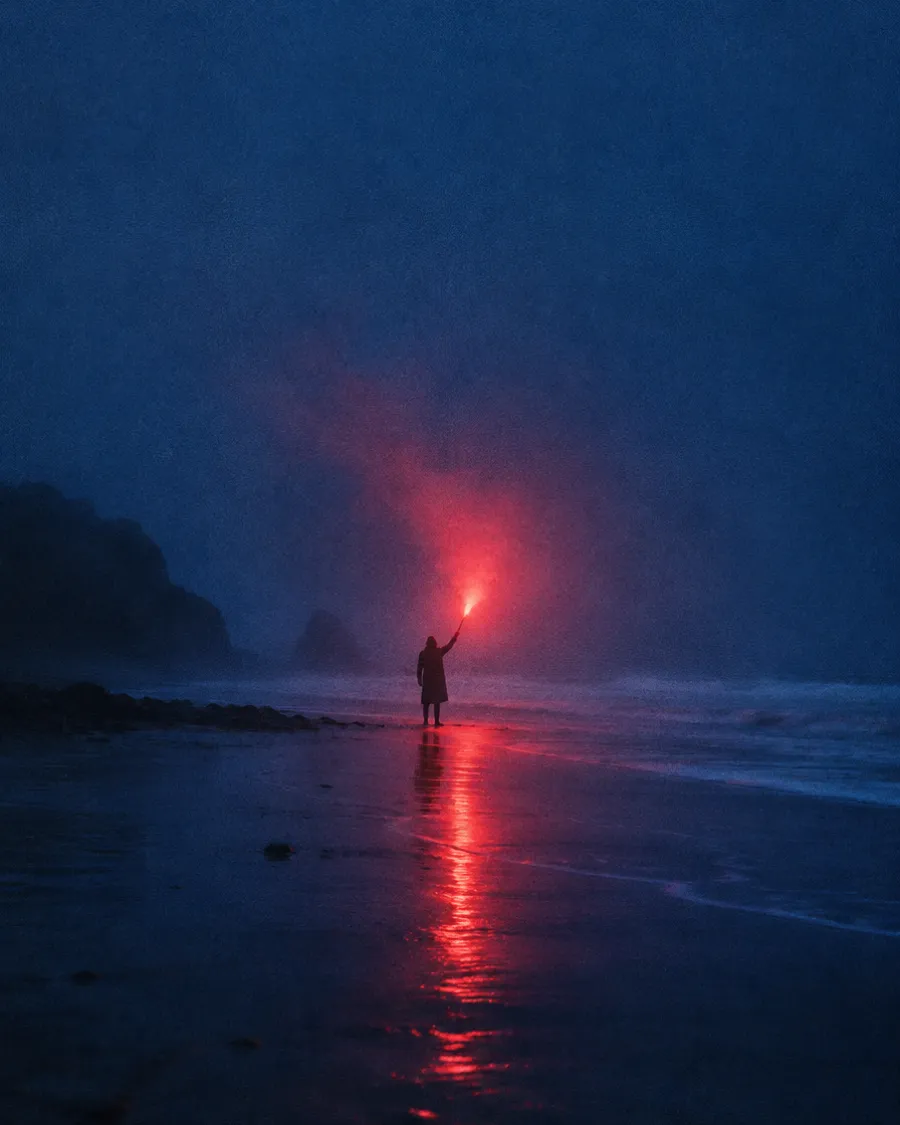 A person on a dark beach holding up a red flare