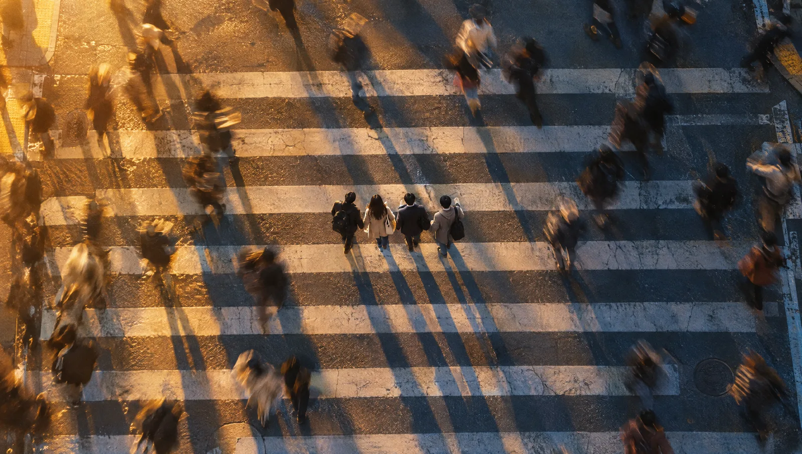 People crossing a wide street crossing in warm evening light, seen from above