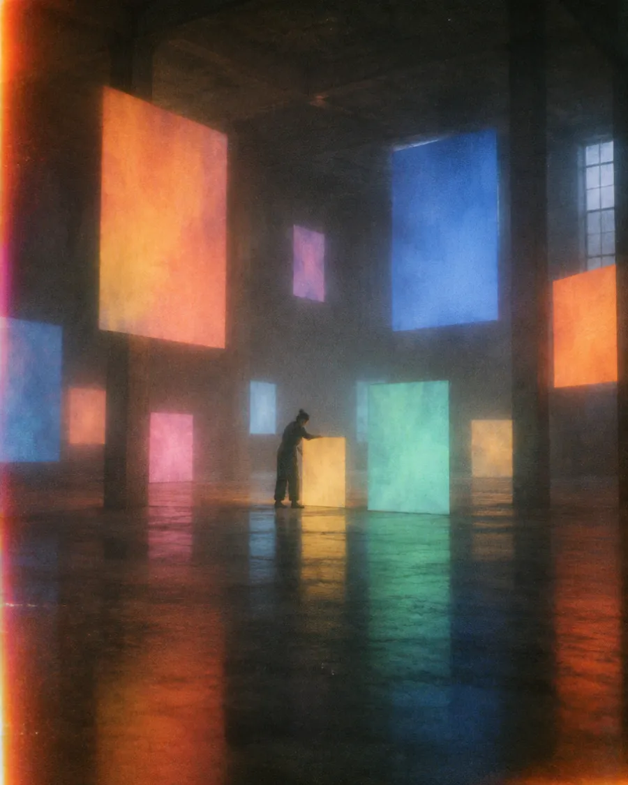A person walking through a dark hall lined with glowing coloured screens
